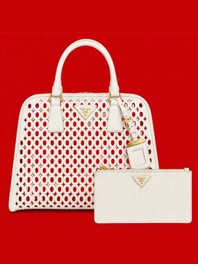 Vintage Blush White Saffino Perforated Structured Satchel Bag + Wristlet